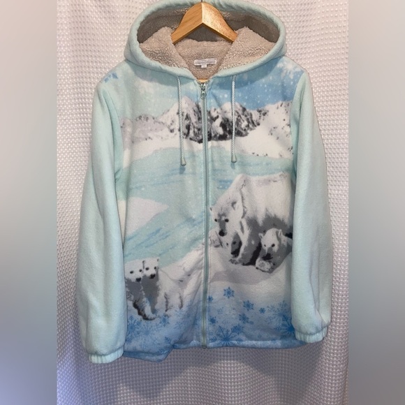 Women’s Vintage hooded full zip mint and blue fleece Jacket with polar bears S/M - Picture 1 of 15